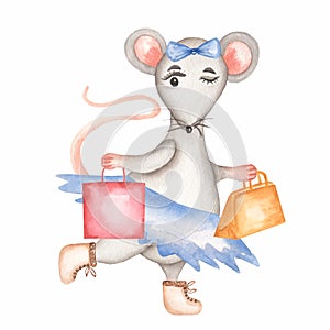 Little  Grey Mouse in a  blue skirt and boots with hand bags. Cute cartoon Christmas animal rat or mouse. Watercolor illustration