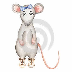 Little Grey Mouse . Cute cartoon Christmas animal rat or mouse. Watercolor illustration. Christmas and New Year card