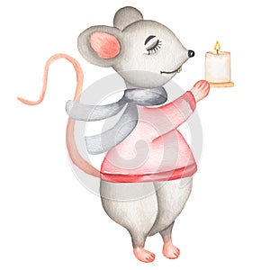 Little  Grey Mouse in a  red christmas hat and boots with Christmas candy. Cute cartoon Christmas animal rat or mouse with candle