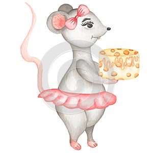 Little  Grey Mouse in a  red christmas hat and boots with Christmas candy. Cute cartoon Christmas animal rat or mouse with cheese
