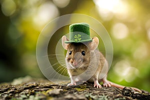 Little hamster wearing a leprechaun hat with four-leaf clover. Happy St. Patrick\'s Day! AI generated illustration.