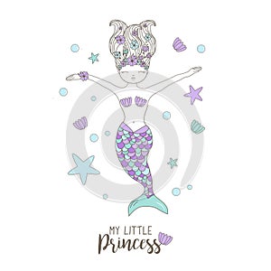 Little Hand drawn dolphin, mermaid and a sea star in pastel colors. Cute Illustration for baby showers, birthday, t-shirts, mugs,