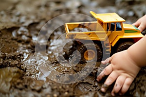 little hands pushing a toy dump truck through mud