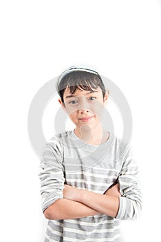 Little handsome boy portrait on white background