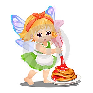A little happy animated girl with fairy wings dipped with berry jam pancakes isolated on white background. Vector