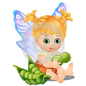 A little happy animated girl with fairy wings holding a green peas isolated on white background. Vector cartoon close-up