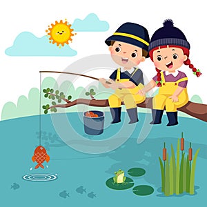 Little happy boy and girl sitting on the branch and fishing in a pond. Fisherman kids