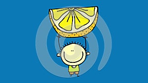 little happy boy hanging from appetizing orange slice