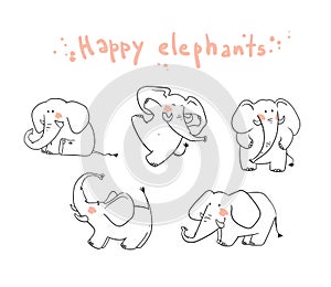 Little happy elephats playing vector line illustration