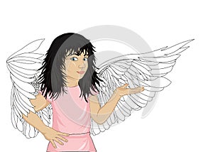 Little happy girl angel with wings showing a gesture hand