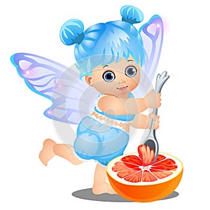 A little happy girl with blue hair and fairy wings eats grapefruit with a spoon isolated on white background. Vector