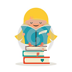 Little Happy Girl Read Fairy Tail Book Education Symbol Smiling Child Learn Icon Concept Flat Design Vector