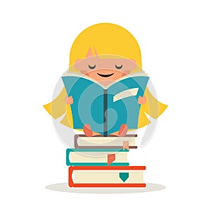 Little Happy Girl Read Fairy Tail Book Education Symbol Smiling Child Learn Icon Concept Flat Design Vector photo