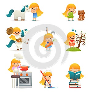 Little Happy Girl Smiling Child Icon Set Concept Isolated Flat Design Vector Illustration