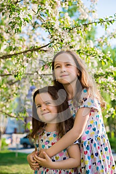 Little happy girls on a walk on a summer evening at sunset in the park. Sisters