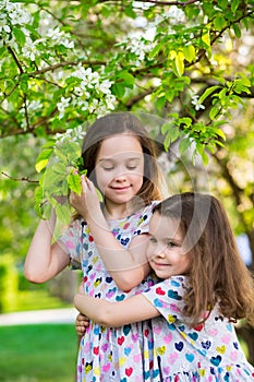 Little happy girls on a walk on a summer evening at sunset in the park. Sisters