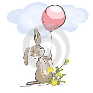 Little hare with balloon and flower