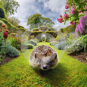 Little hedgehog scampers around quaint garden