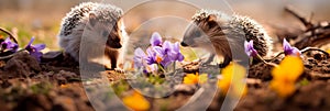 Little hedgehogs go for walks in the spring in search of food. Generative AI