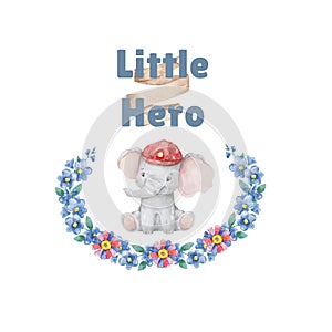 Little Hero welcome baby card. Watercolor cute cartoon illustration, colorful elephant and floral frame on white background.