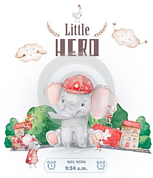 Little Hero welcome baby card. Watercolor cute illustration, colorful elephant and mouse, city cartoon on white background.