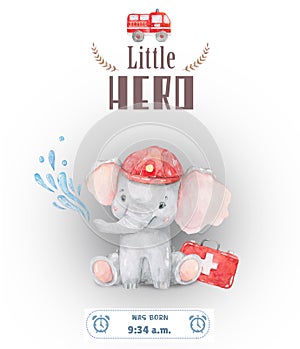 Little Hero welcome baby card. Watercolor cute illustration, colorful elephant on white background. Birthday and invite card,