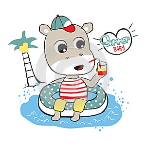 Little hippo on the beach funny animal cartoon,vector illustration