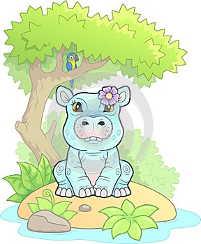 Little hippo with a flower, funny illustration