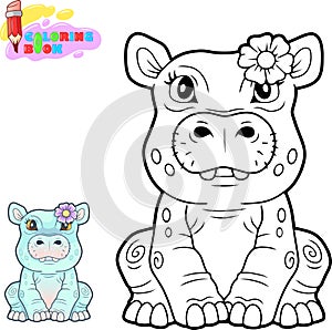 Little hippo with a flower, funny illustration