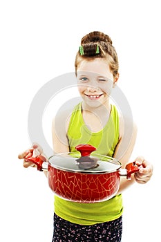Little homemaker holding pan with ready meal, soup. Winks