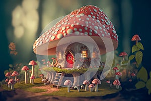 Little house in the fly agaric mushroom in the Fairytale forest. Generative AI