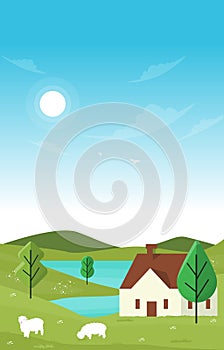 Little House Hill Lake Beautiful Summer Rural Nature Landscape Card