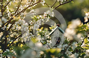 a little house house rests on a blossoming tree