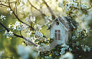 a little house house rests on a blossoming tree