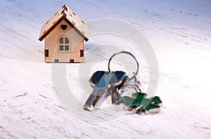 The little house next to it is the keys. Symbol of hiring a house for rent, selling a home, buying a home, a mortgage.