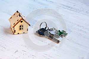 The little house next to it is the keys. Symbol of hiring a house for rent, selling a home, buying a home, a mortgage concept