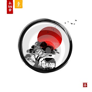 Little house under the big tree and red sun in enso zen circle. Traditional oriental ink painting sumi-e, u-sin, go-hua