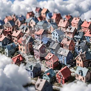 Little houses town surrounded by Clouds