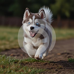 Little husky puppy with blue eyes jumping