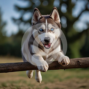 Little husky puppy with blue eyes jumping