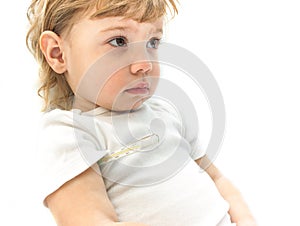 Little ill kid with mercurial thermometer