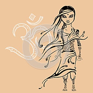 Little indian girl. Hand drawn illustration.