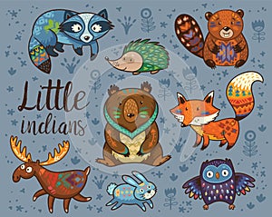 Little indians. Woodland tribal animals vector set