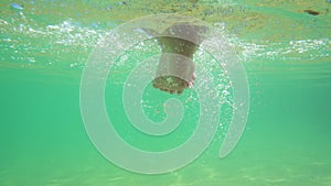 Little infant baby child legs and toes touch sand on sea beach. Happy baby steps, underwater view