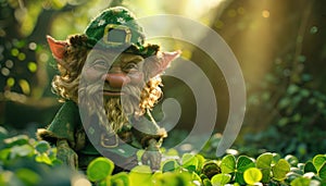 Little Irish leprechaun in green clover thickets