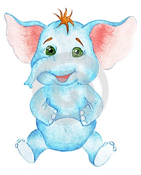 A little joyful little elephant with big green eyes sits.