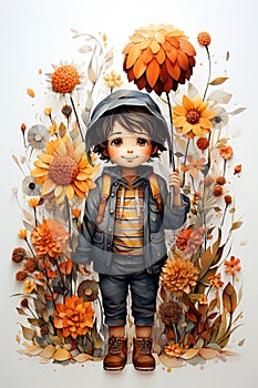 Little kawaii boy in a mantle on an autumn background of leaves and flowers. Cute characters of a forest fairy tale