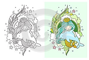 Little kawaii mermaid with dolphin. Cute cartoon characters. Print, postcard, poster, page for coloring book.