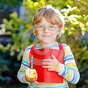 Little kid boy with apple on way to school