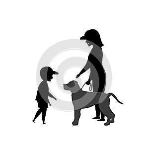 Little kid boy asking for dog owner permission to tease the pet silhouette